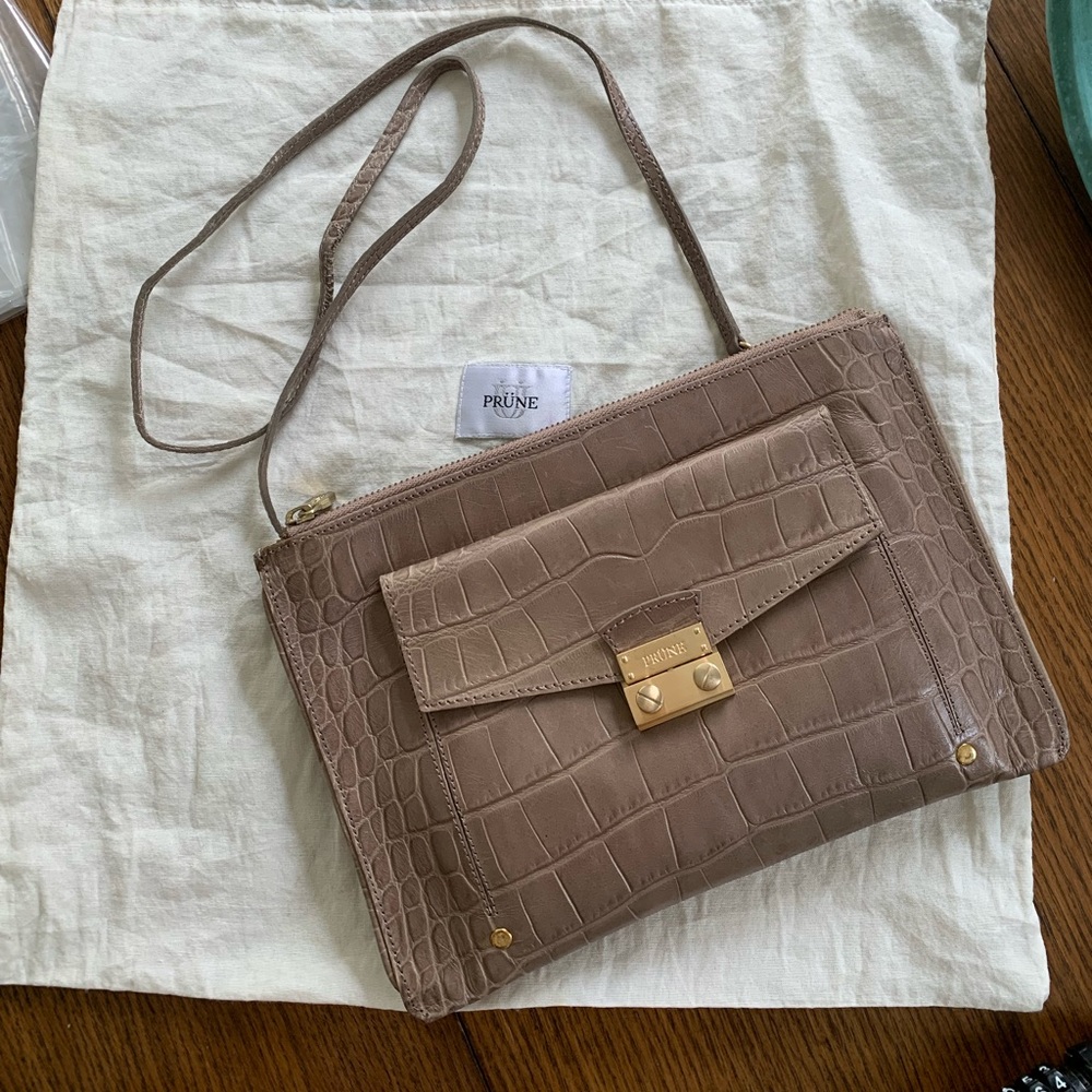 PRUNE - leather, crocodile print bag travel purse - nwt